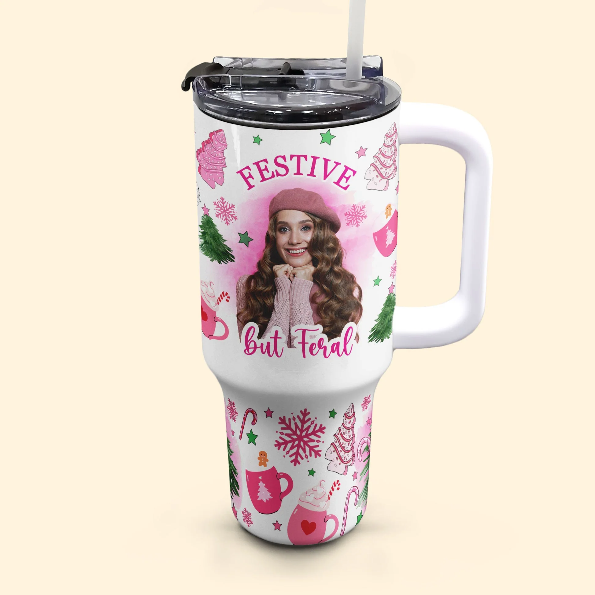 Custom Photo  Festive But Feral - Personalized 40oz Tumbler Cup With Straw - Christmas Gift For Girlfriend, Besties, Mom NA94 - Image 3