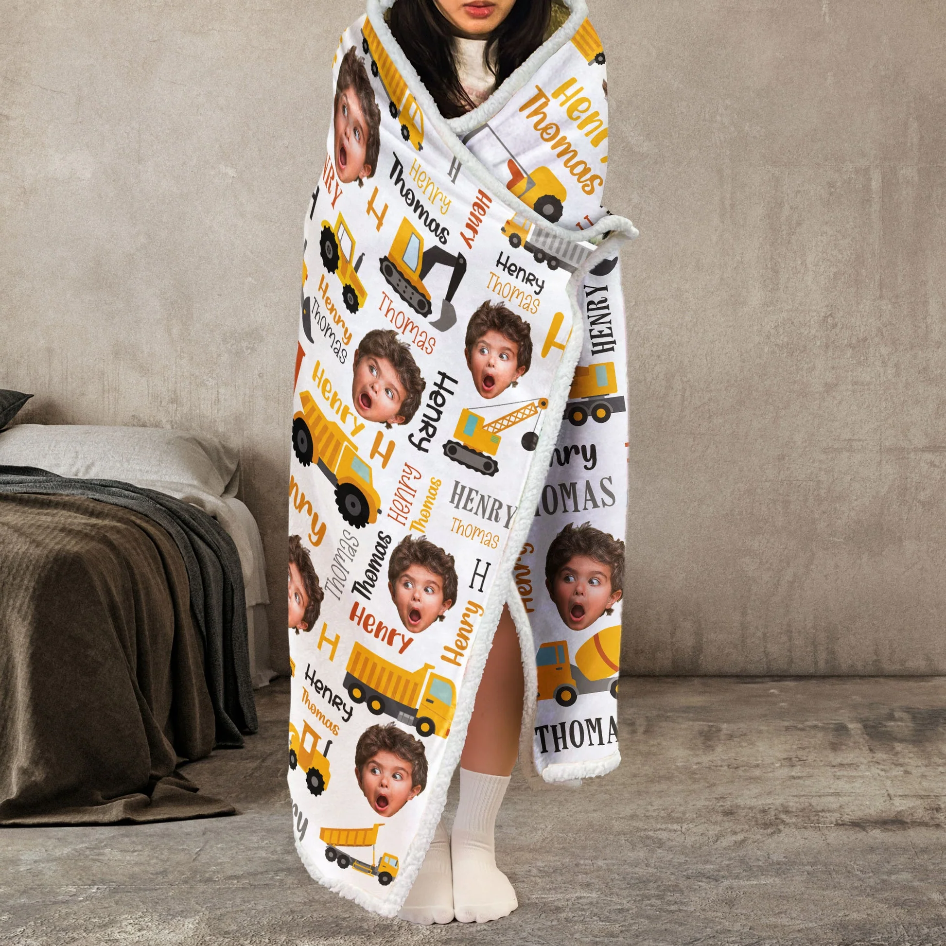 Custom Photo Kid Construction- Personalized Wearable Hooded Blanket - Funny Gift For Kid From Mom, Grandma, Grandmother, Mothers Day NA94 - Image 3