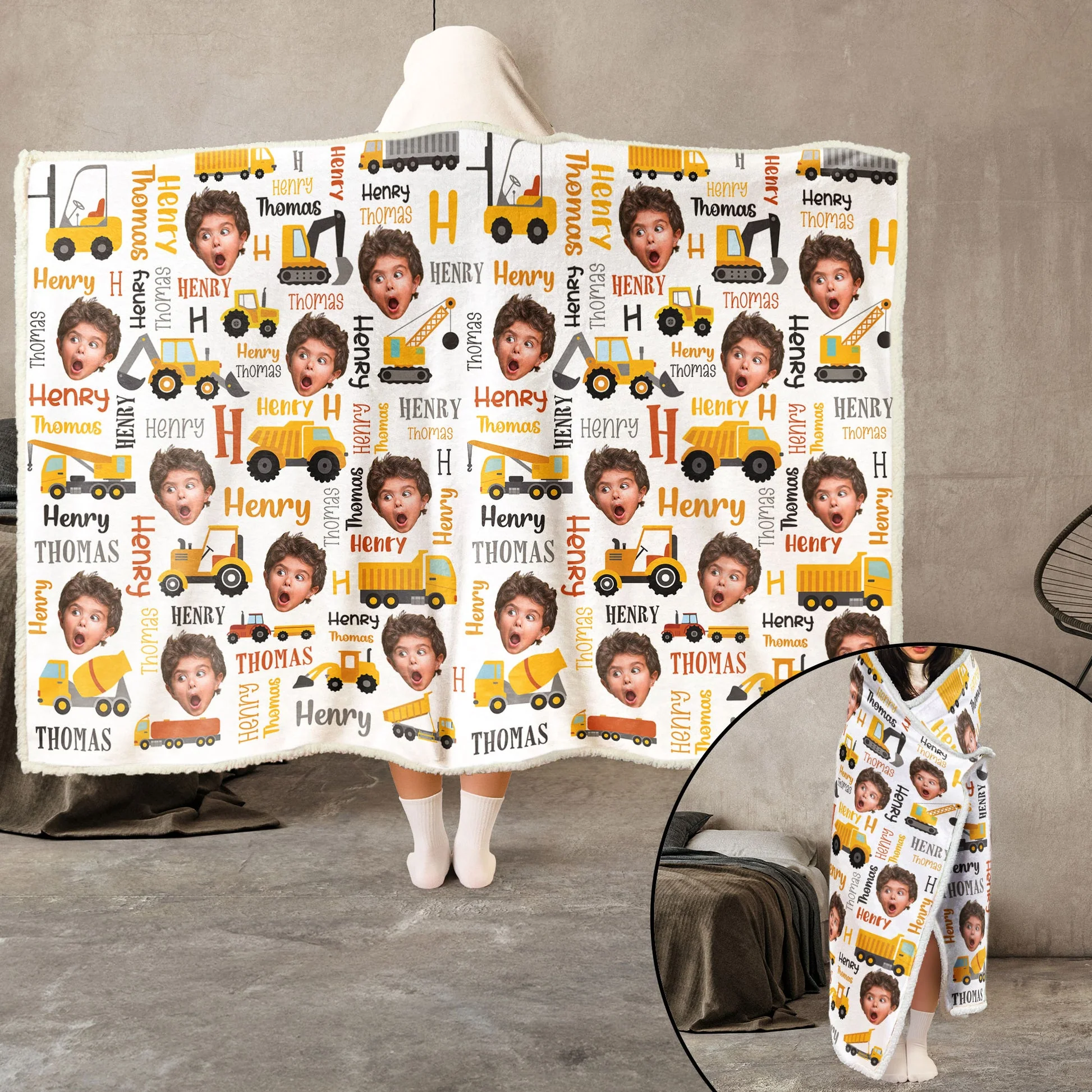 Custom Photo Kid Construction- Personalized Wearable Hooded Blanket - Funny Gift For Kid From Mom, Grandma, Grandmother, Mothers Day NA94 - Image 4